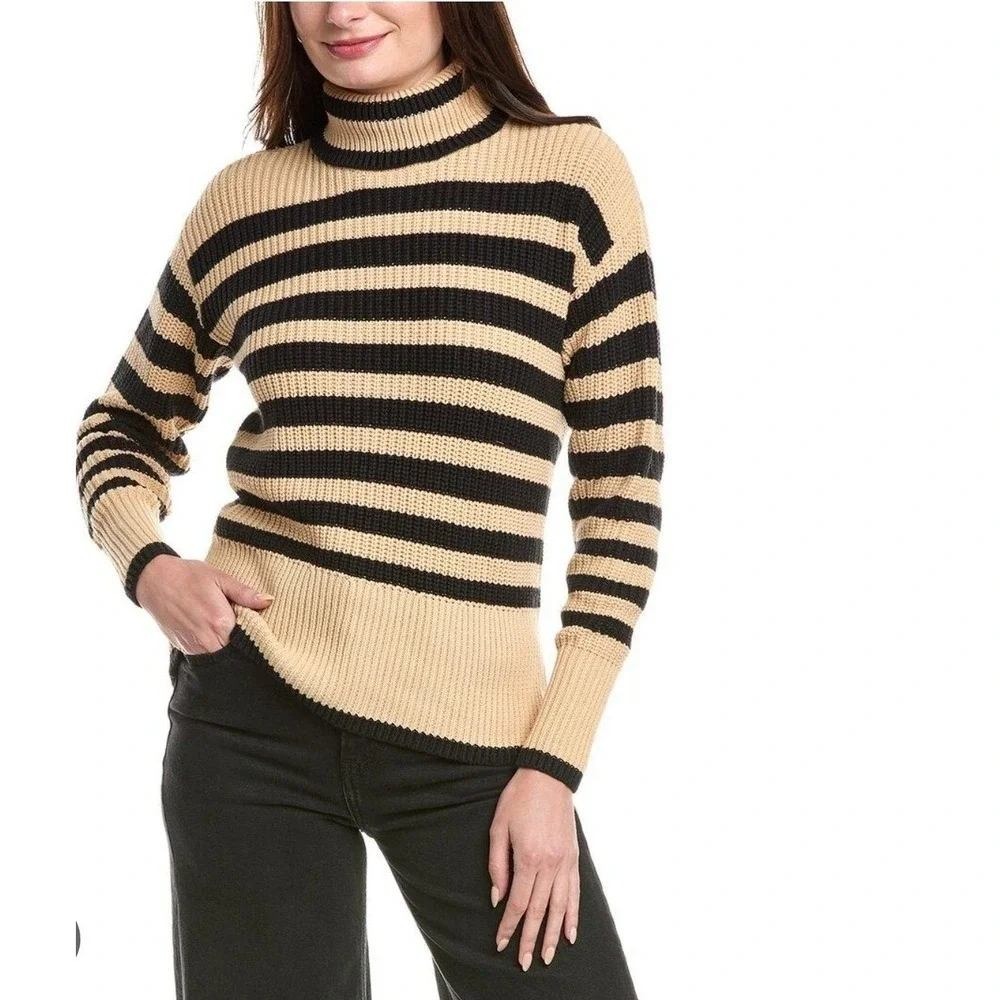 Cabi Striped Turtleneck Sweater Women Medium Tan Black EUC Ribbed Knit 4477